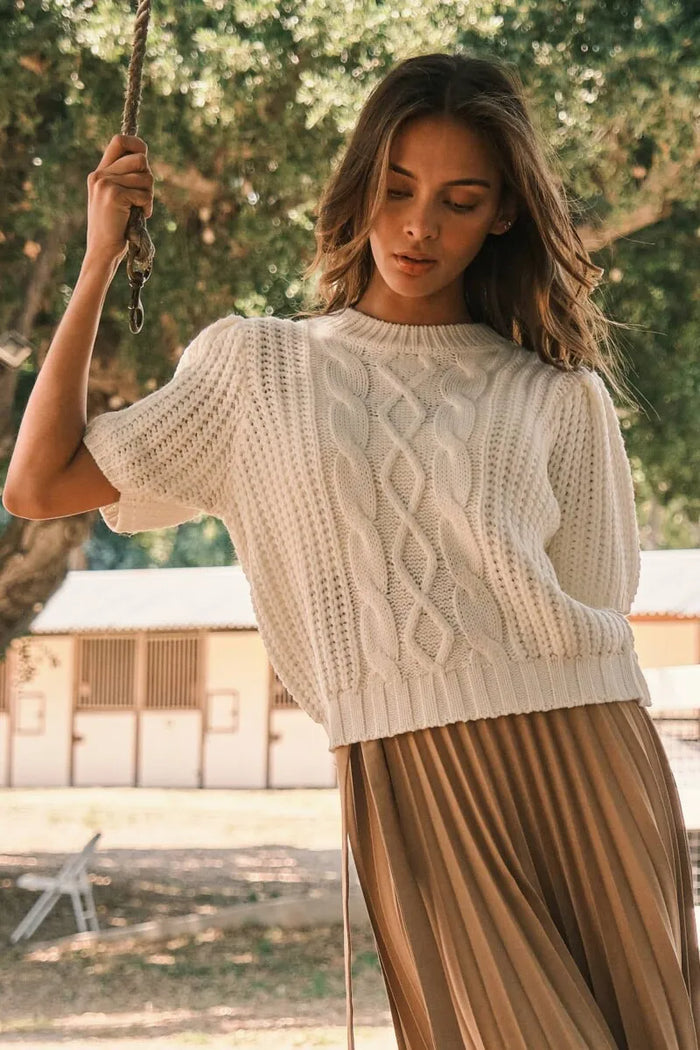 Puff Short Sleeve Cable Knit Sweater