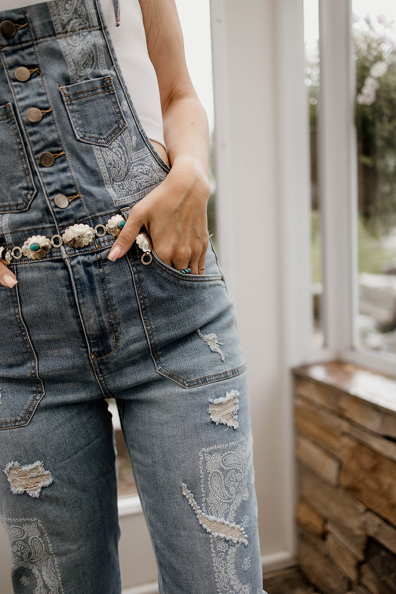 Bandana Print Washed Denim Overalls