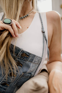 Bandana Print Washed Denim Overalls