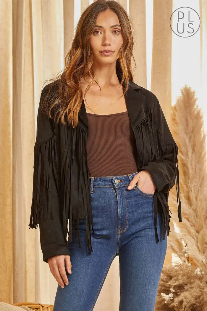 Plus Size-Suede Fringe Jacket