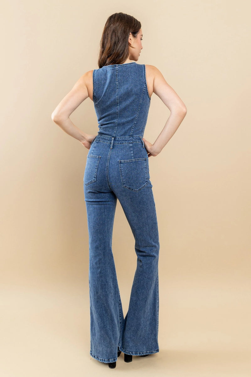 Boho Cut Out Bootcut Denim Jumpsuit