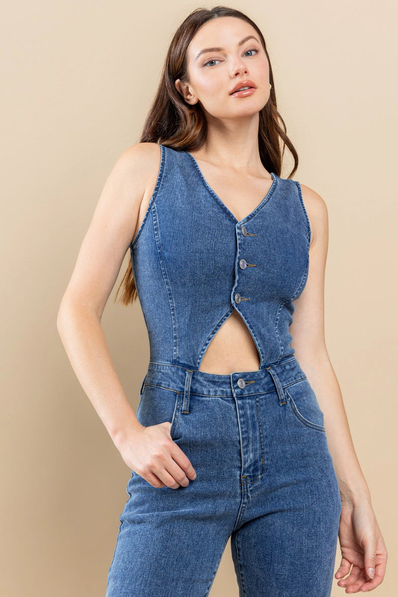 Boho Cut Out Bootcut Denim Jumpsuit