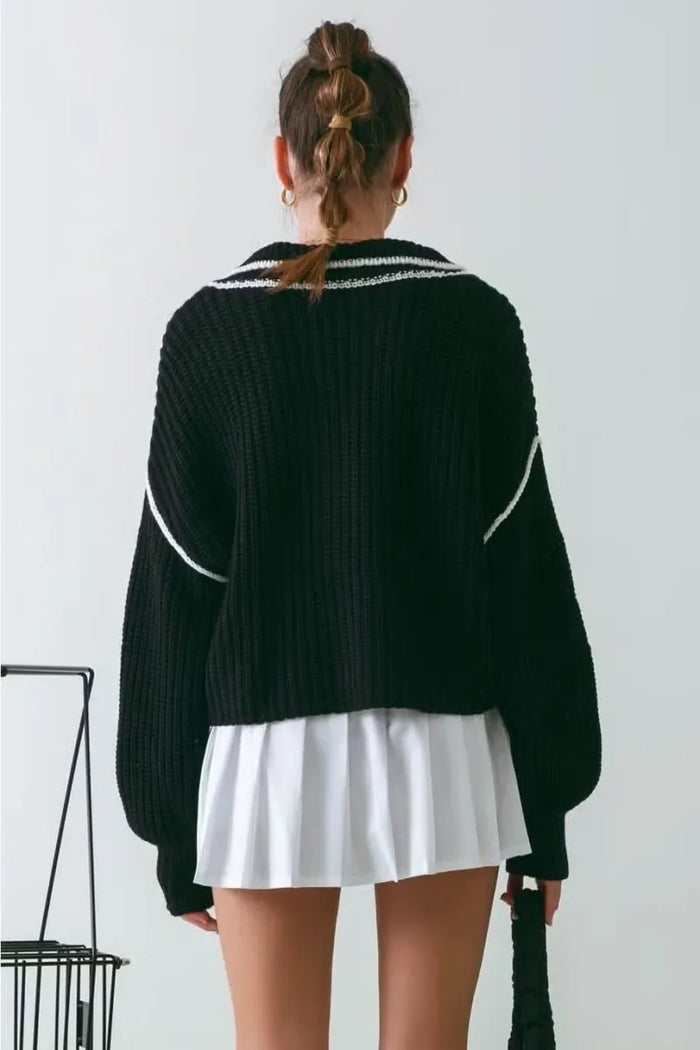 Collared Contrast Stitch Knit Sweater