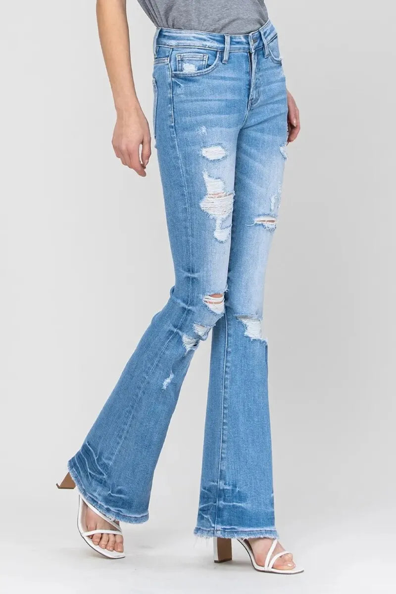 Distressed Mid Rise Flared Jeans