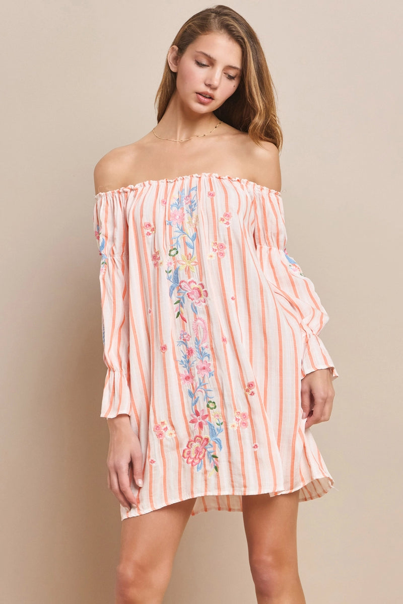 Off the Shoulder Embroidered Flower Dress