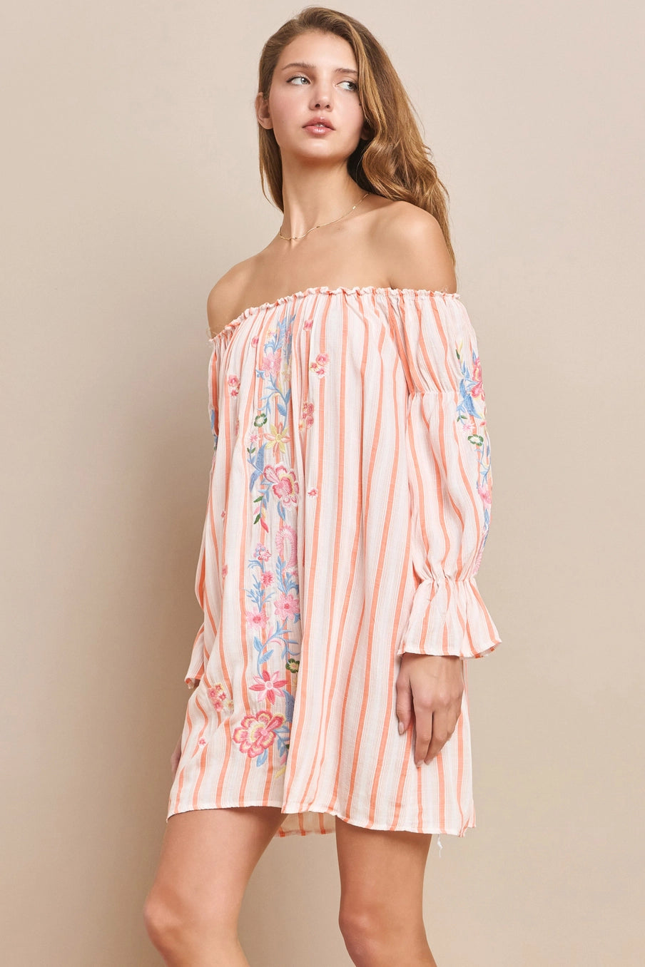 Off the Shoulder Embroidered Flower Dress